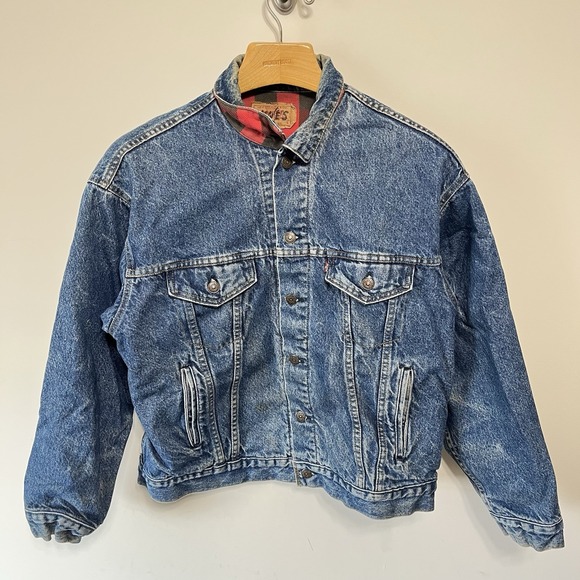 Vtg Levis Denim Trucker Jacket 70417 0814 Buffalo Plaid Flannel Lined Sz L 80s